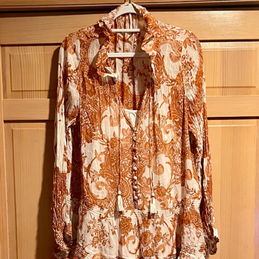 Anthropologie Mauve Chiffon  Paisley Sweetheart Dress w/ Tassels & Liner